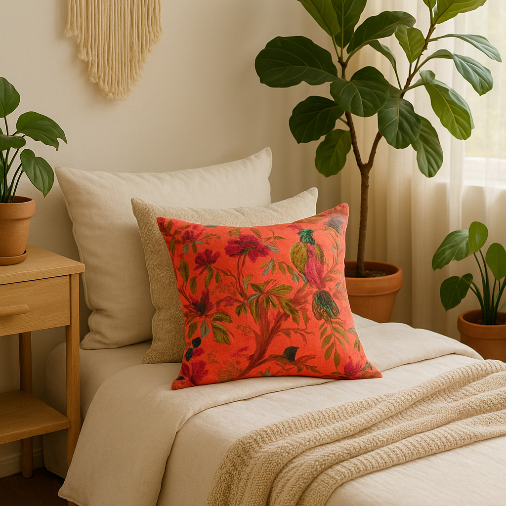 Bird & Floral Velvet Cushion - Orange Boho Luxe Throw Pillow
