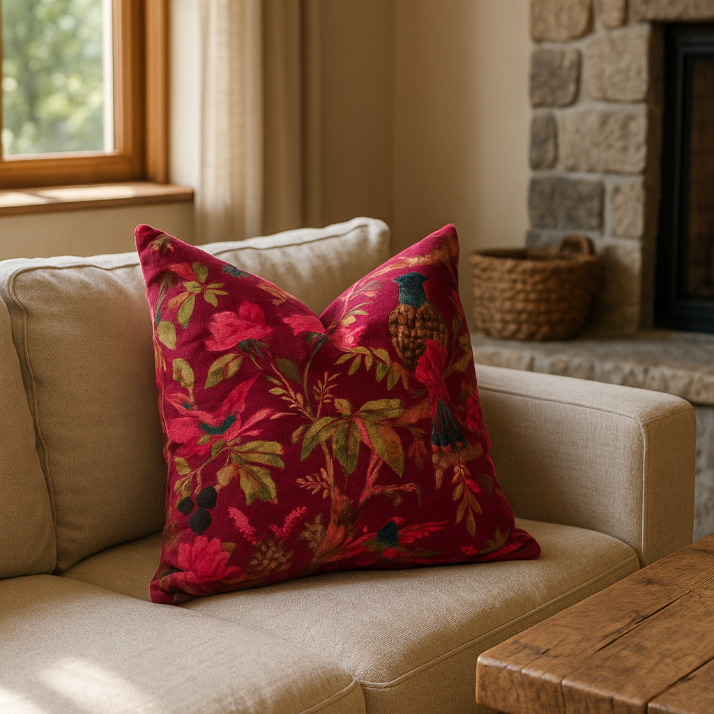 Artisan Maroon Velvet Cowhide Cushion - Bohemian Bird Motif Pillow