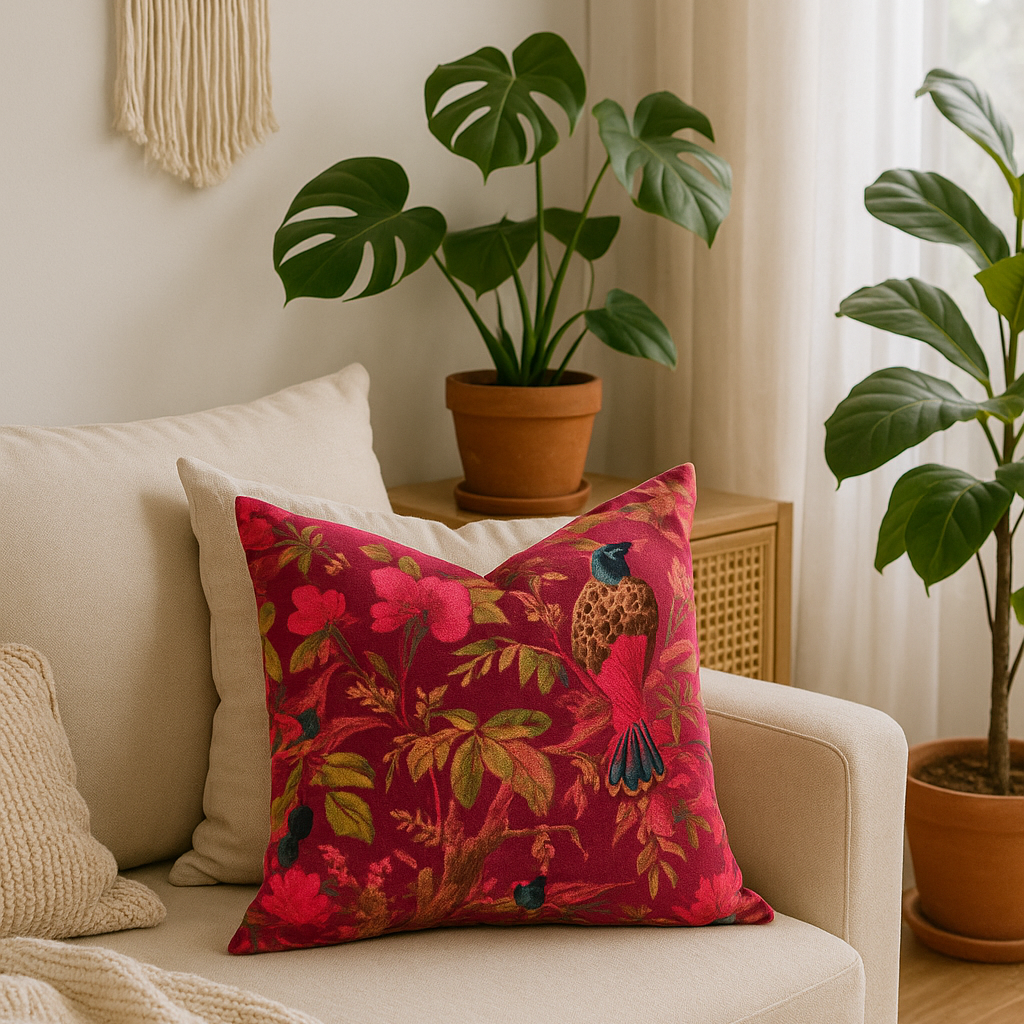 Artisan Maroon Velvet Cowhide Cushion - Bohemian Bird Motif Pillow