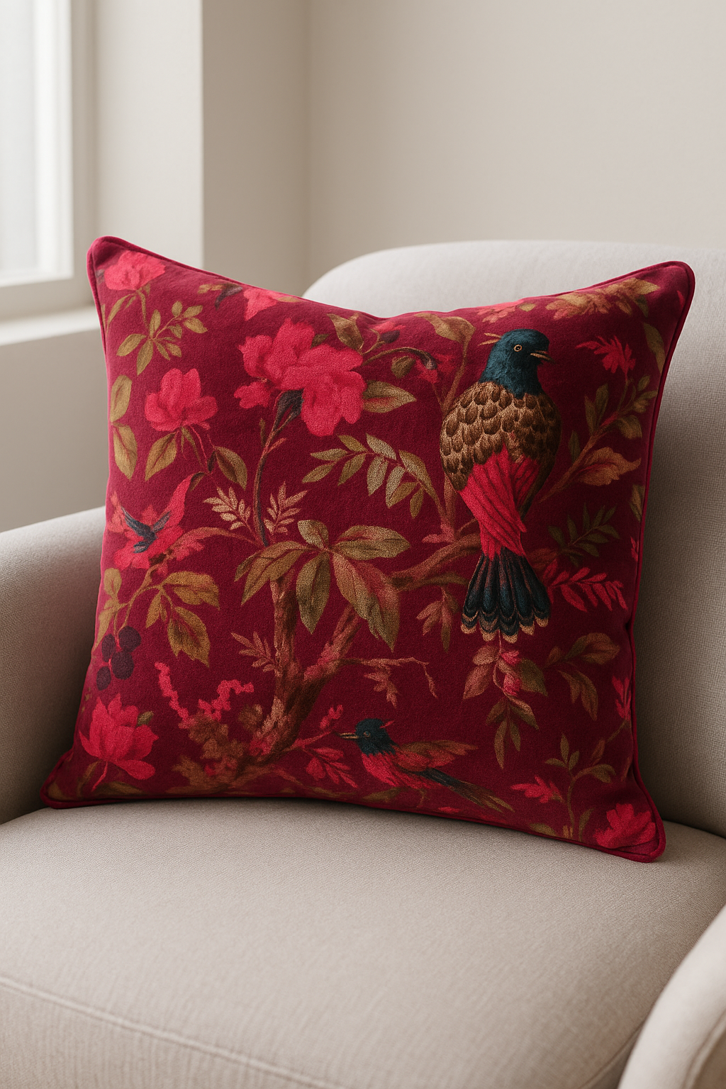 Artisan Maroon Velvet Cowhide Cushion - Bohemian Bird Motif Pillow