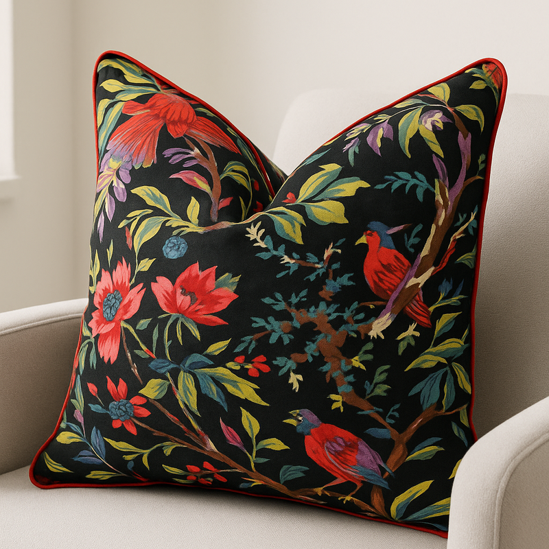 Black cotton cushion cover with vibrant floral and bird pattern, red piping, 50x50cm.