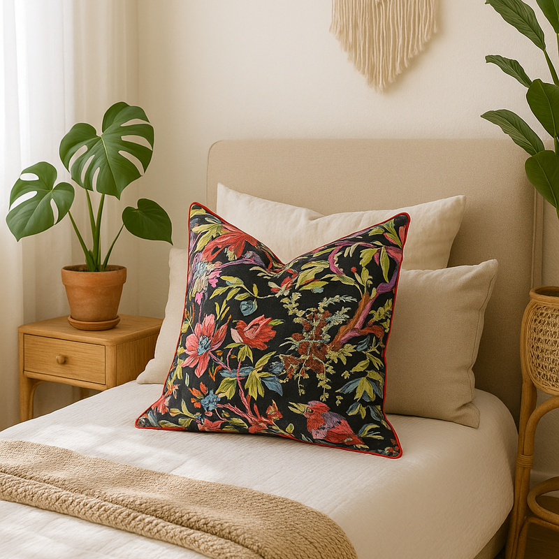 Black cotton cushion cover with vibrant floral and bird pattern, red piping, on a neutral bed.