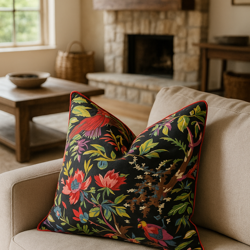 Black cotton cushion cover with vibrant tropical floral and bird pattern, red piping, on a beige sofa.