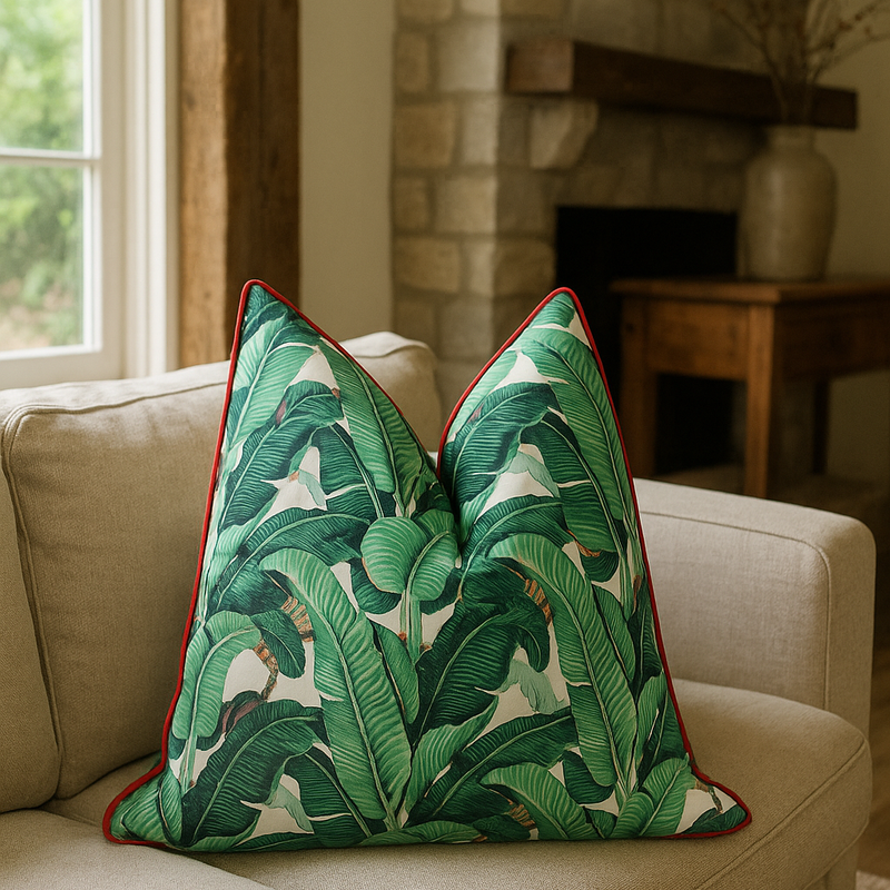 Tropical green palm leaf cotton cushion cover with red piping on a beige sofa.