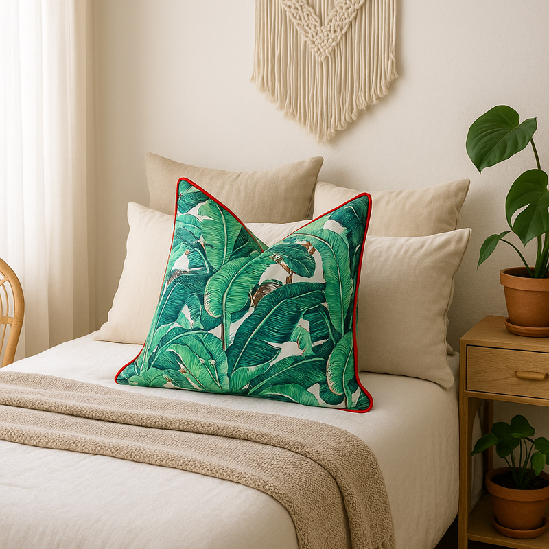 Green tropical palm leaf cotton cushion cover with red piping on a neutral bed.