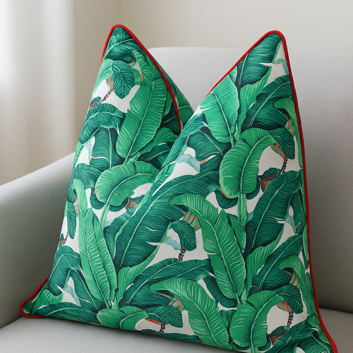 Green tropical palm leaf cotton cushion cover with red piping, 50x50cm.