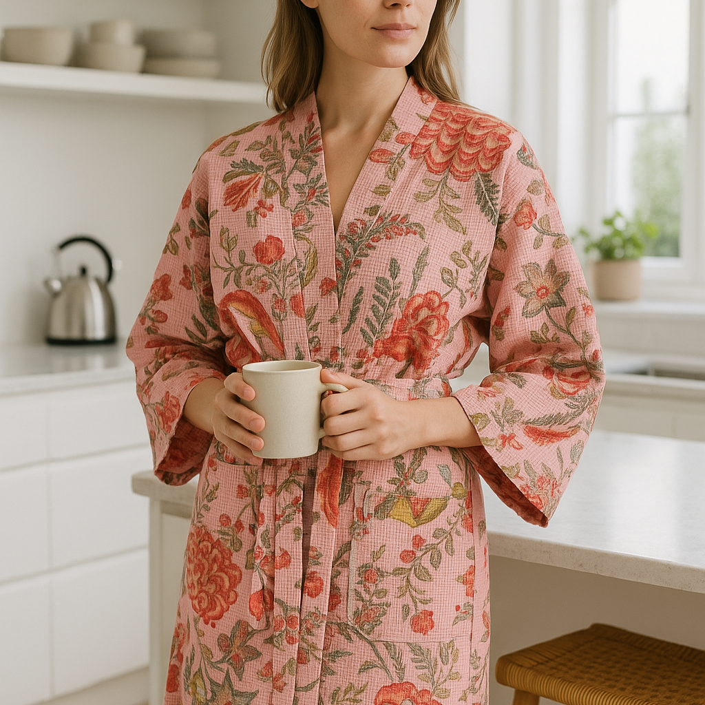 Pink Waffle Cotton Kimono Robe - Hand Block Floral Print