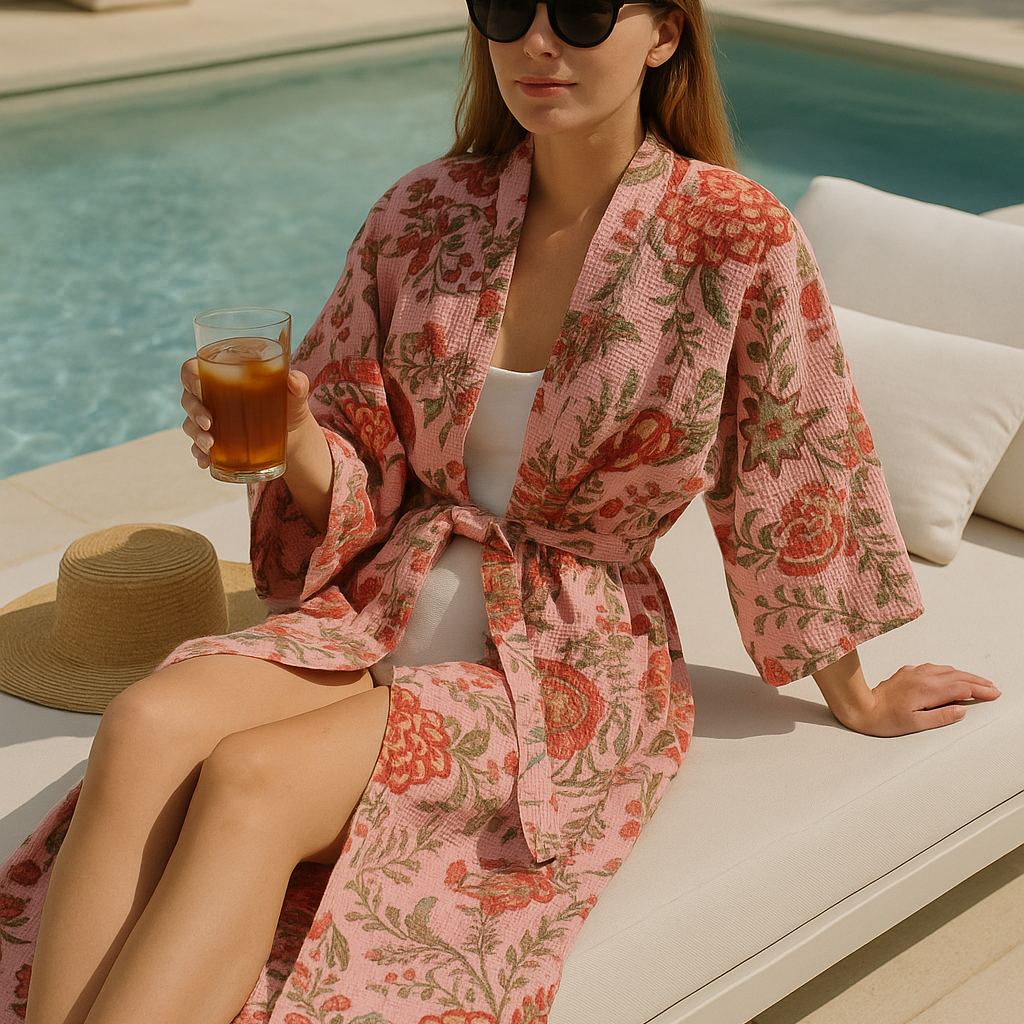 Pink Waffle Cotton Kimono Robe - Hand Block Floral Print
