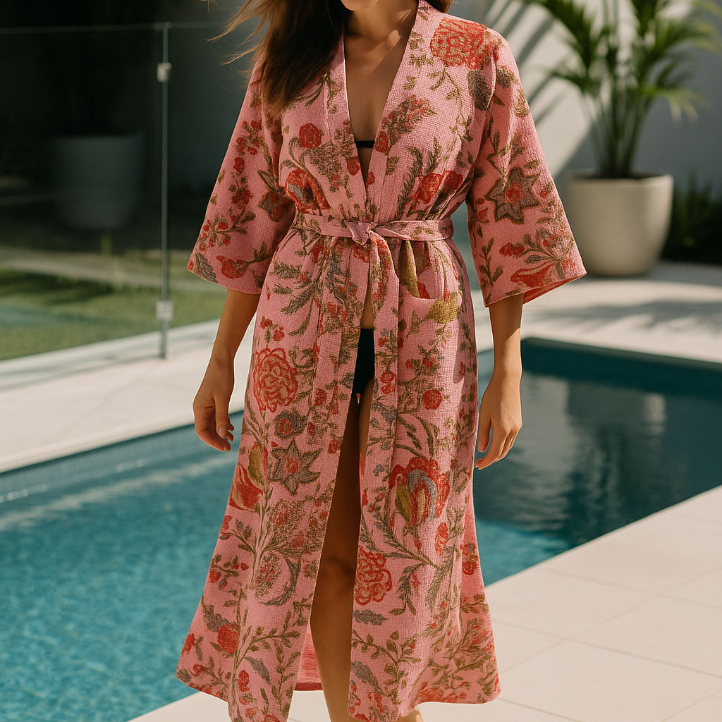 Pink Waffle Cotton Kimono Robe - Hand Block Floral Print