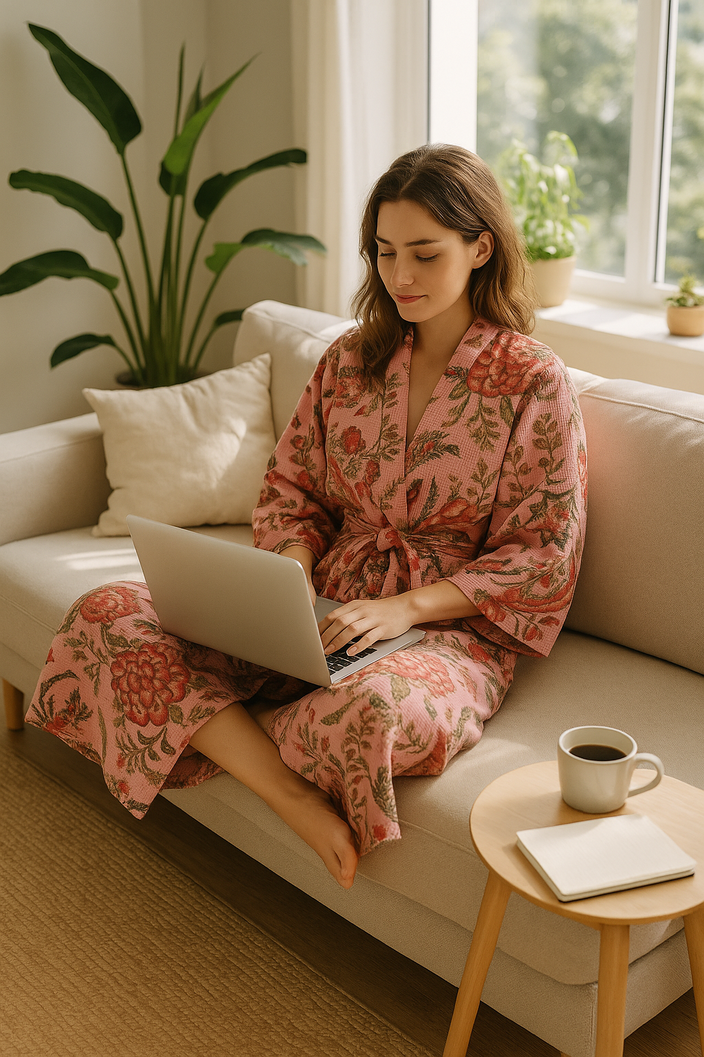 Pink Waffle Cotton Kimono Robe - Hand Block Floral Print