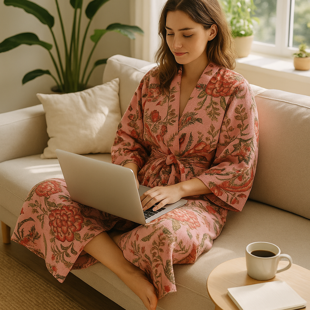 Pink Waffle Cotton Kimono Robe - Hand Block Floral Print