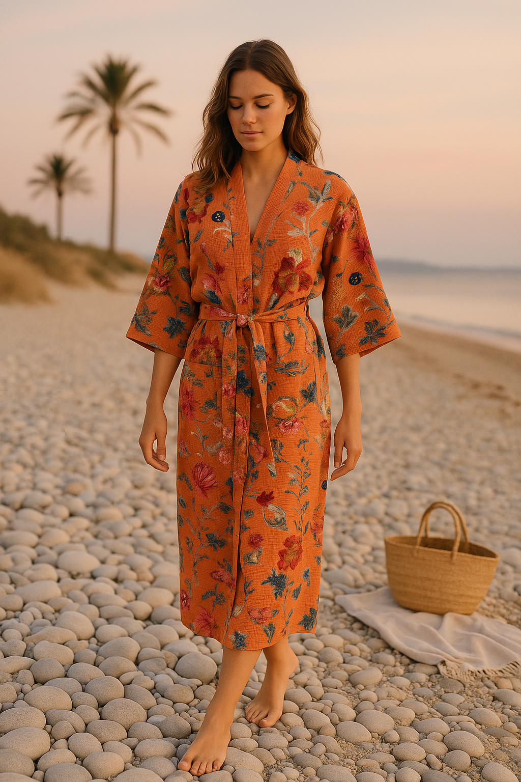 Terracotta Waffle Cotton Kimono Robe - Floral Block Print