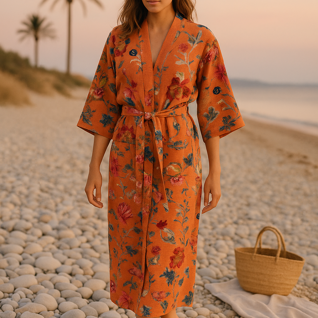 Terracotta Waffle Cotton Kimono Robe - Floral Block Print