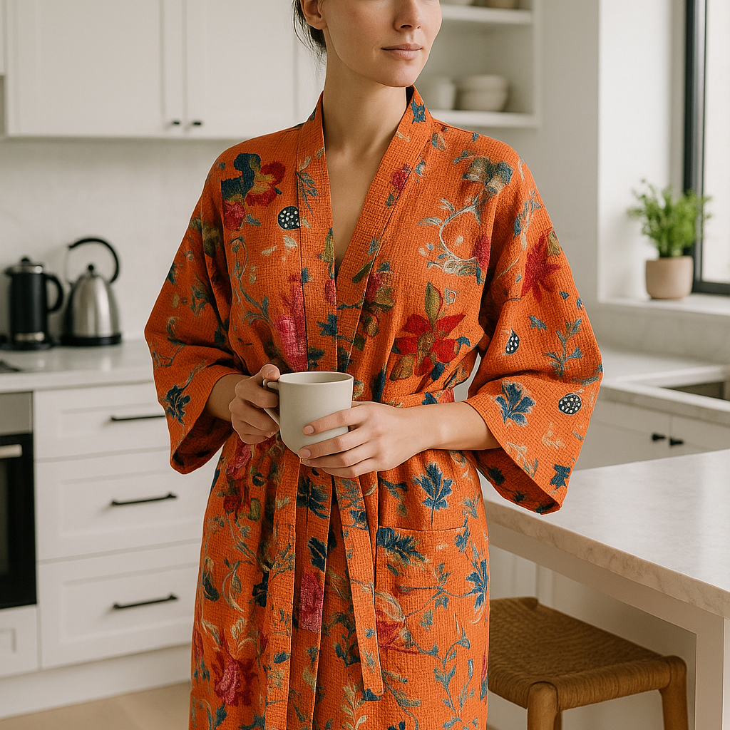 Terracotta Waffle Cotton Kimono Robe - Floral Block Print