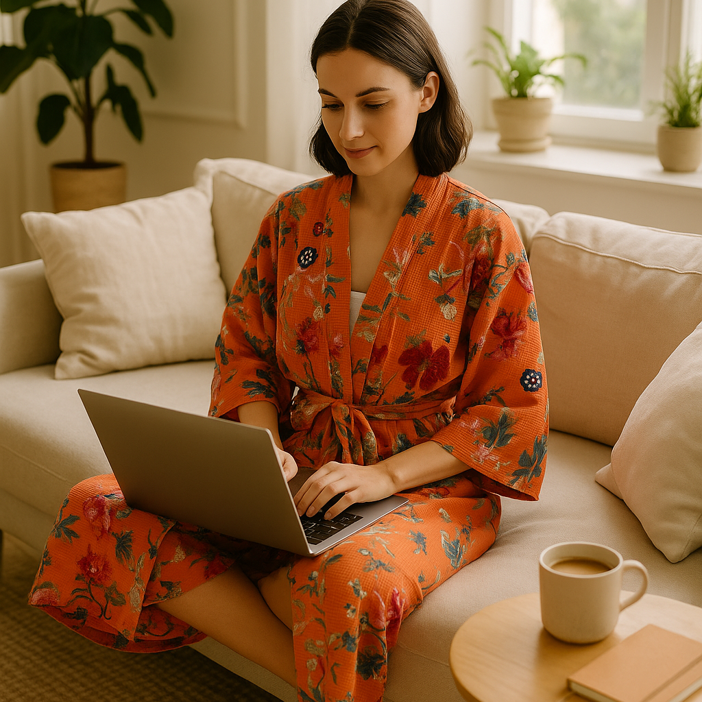 Terracotta Waffle Cotton Kimono Robe - Floral Block Print