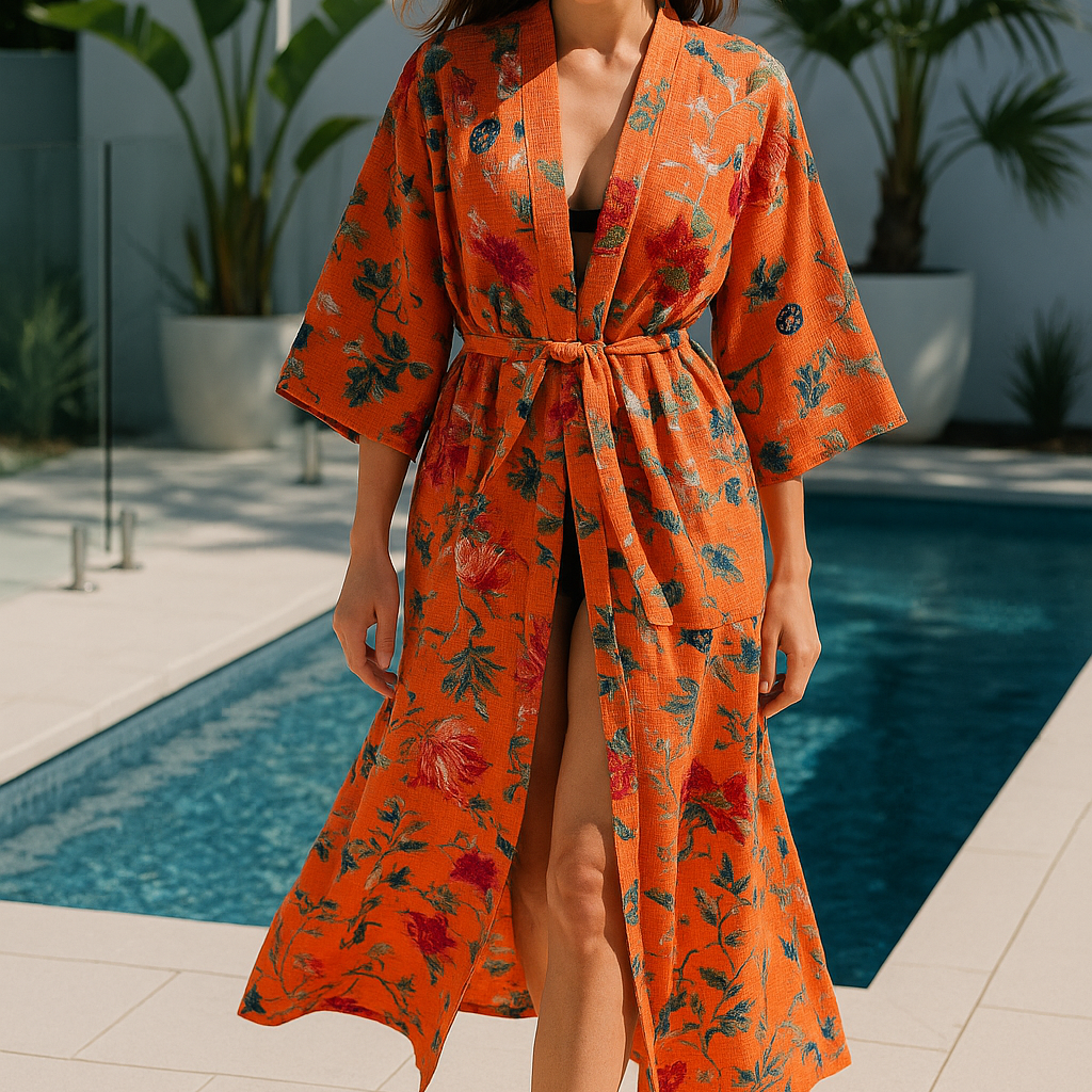 Terracotta Waffle Cotton Kimono Robe - Floral Block Print
