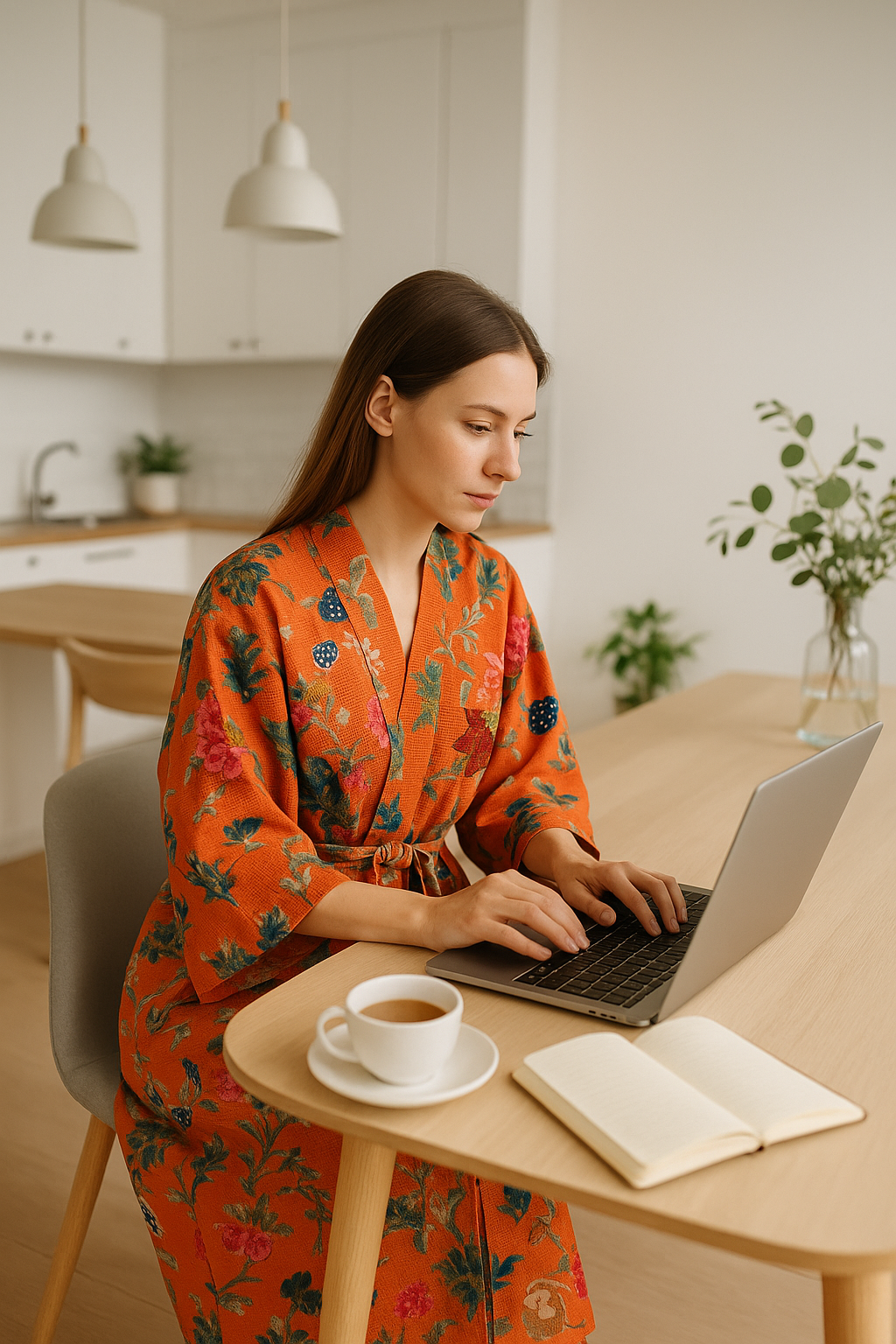 Terracotta Waffle Cotton Kimono Robe - Floral Block Print