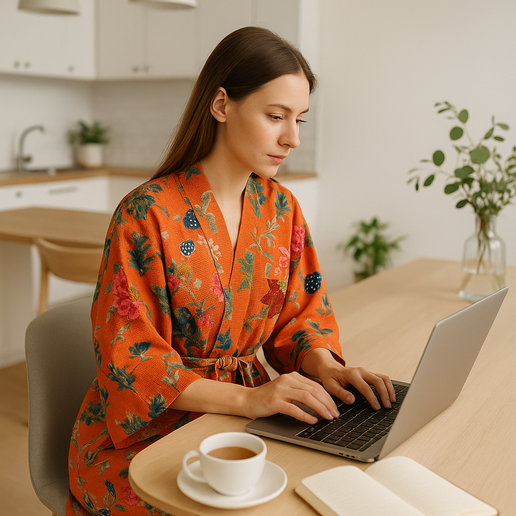Terracotta Waffle Cotton Kimono Robe - Floral Block Print