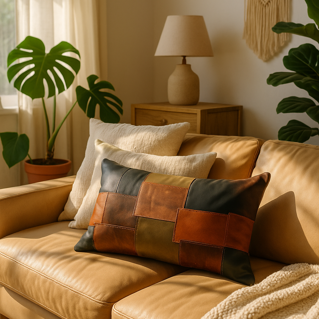 Rustic boho farmhouse style leather lumbar cushion - earth-toned patchwork pillow