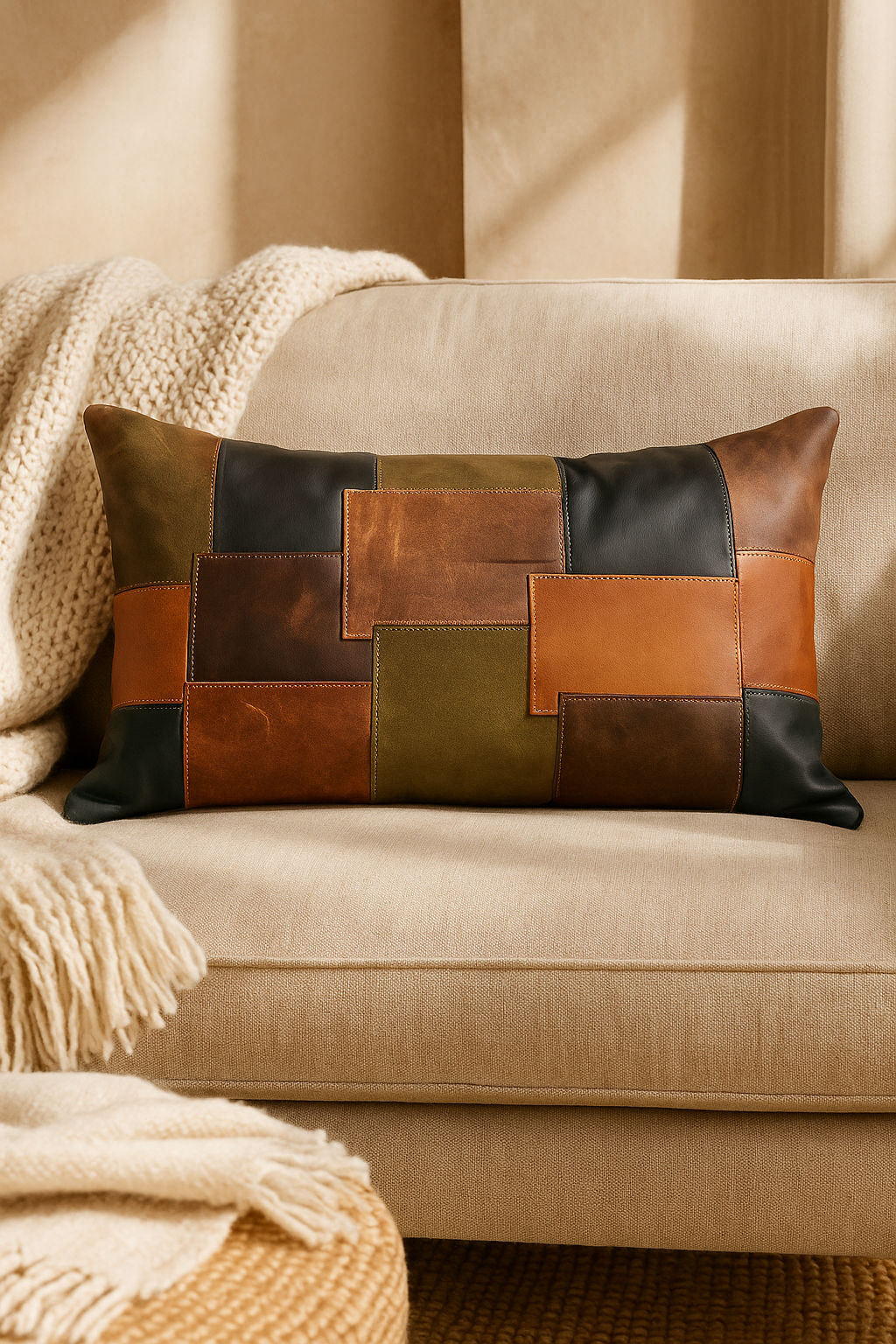 Earth-toned patchwork leather lumbar pillow styled on bed - handmade rustic accent cushion