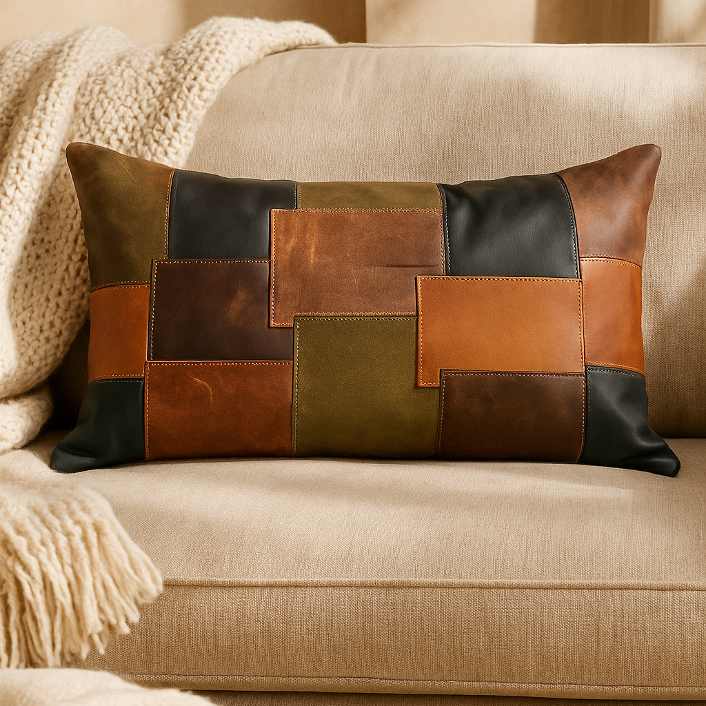 Earth-toned patchwork leather lumbar pillow styled on bed - handmade rustic accent cushion