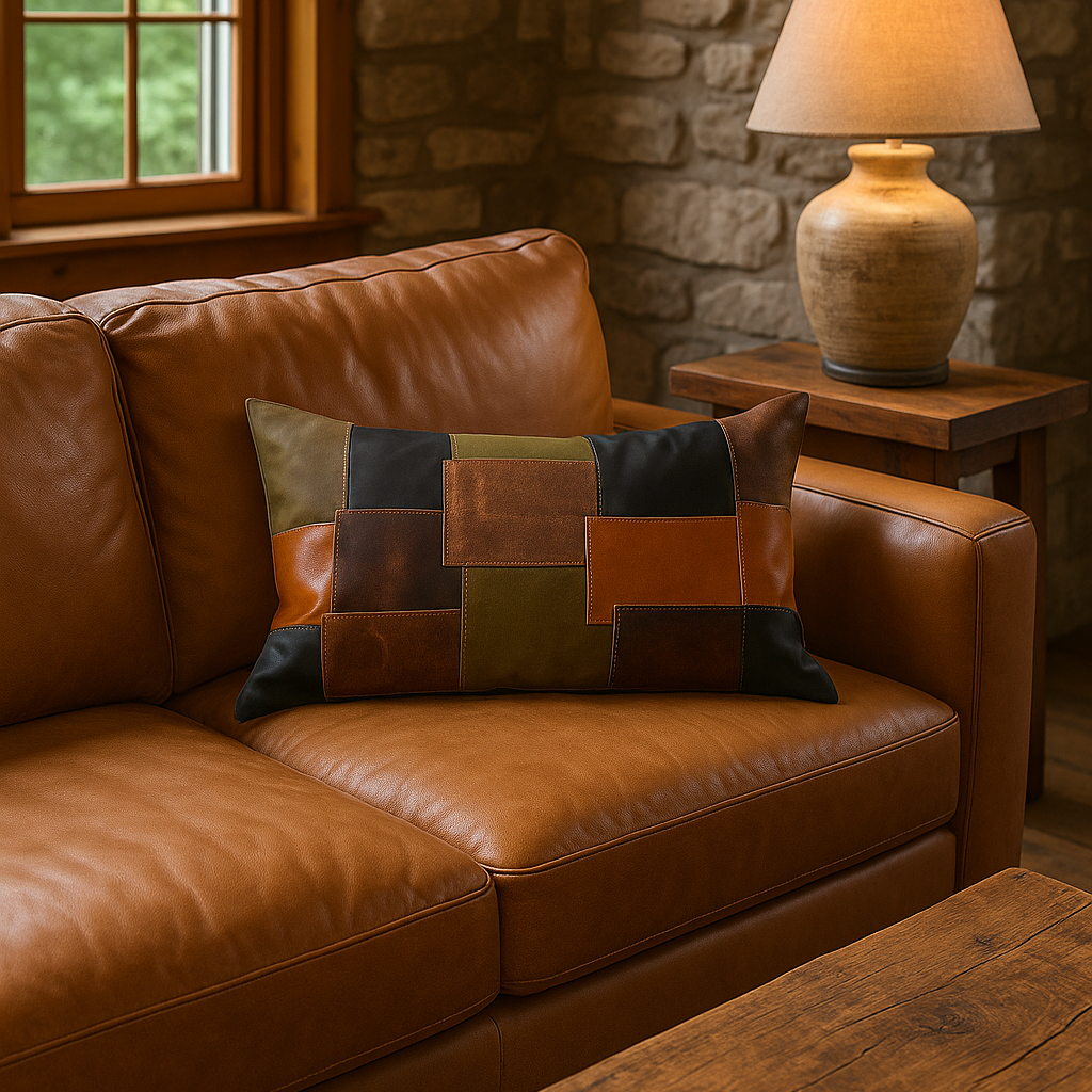 Close-up of Boho-Eclectica patchwork leather lumbar cushion showing texture and stitching
