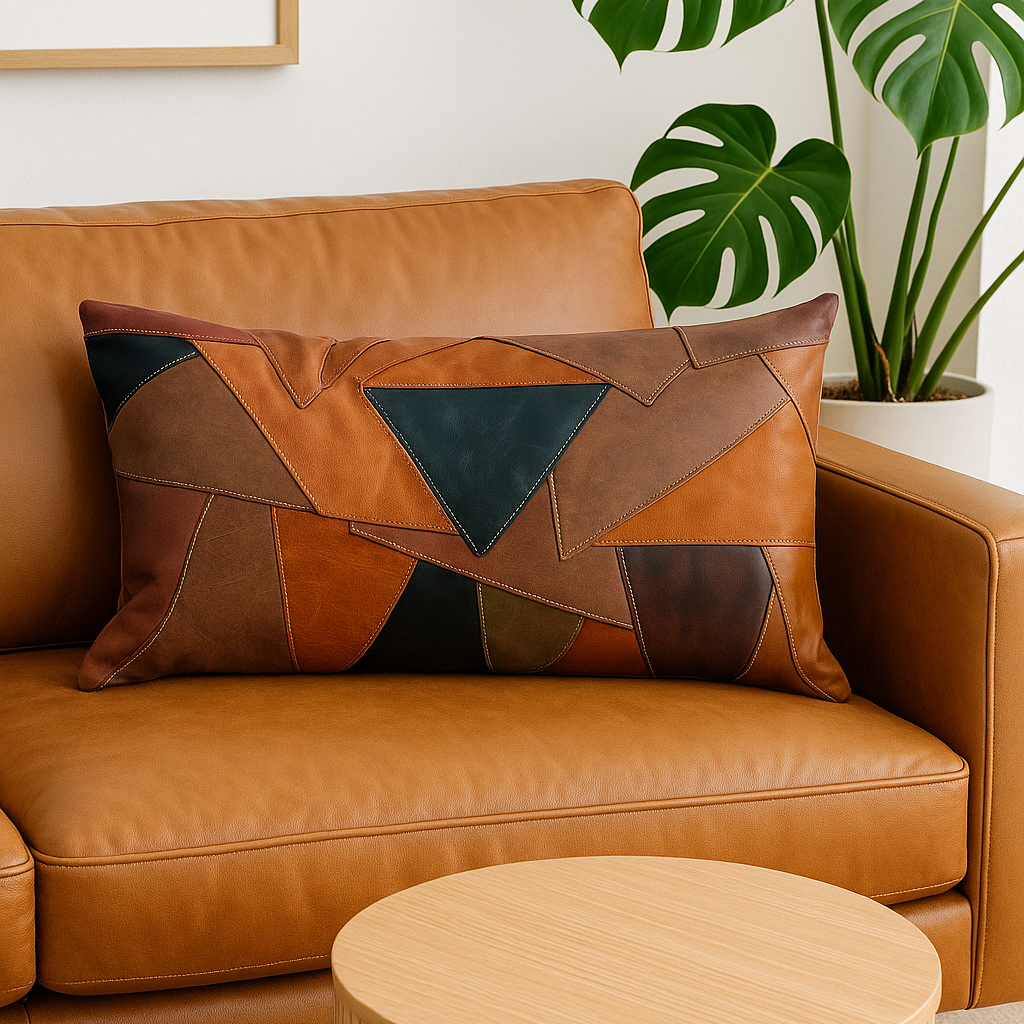 Rustic Modern Geometric Patchwork Leather Lumbar Cushion