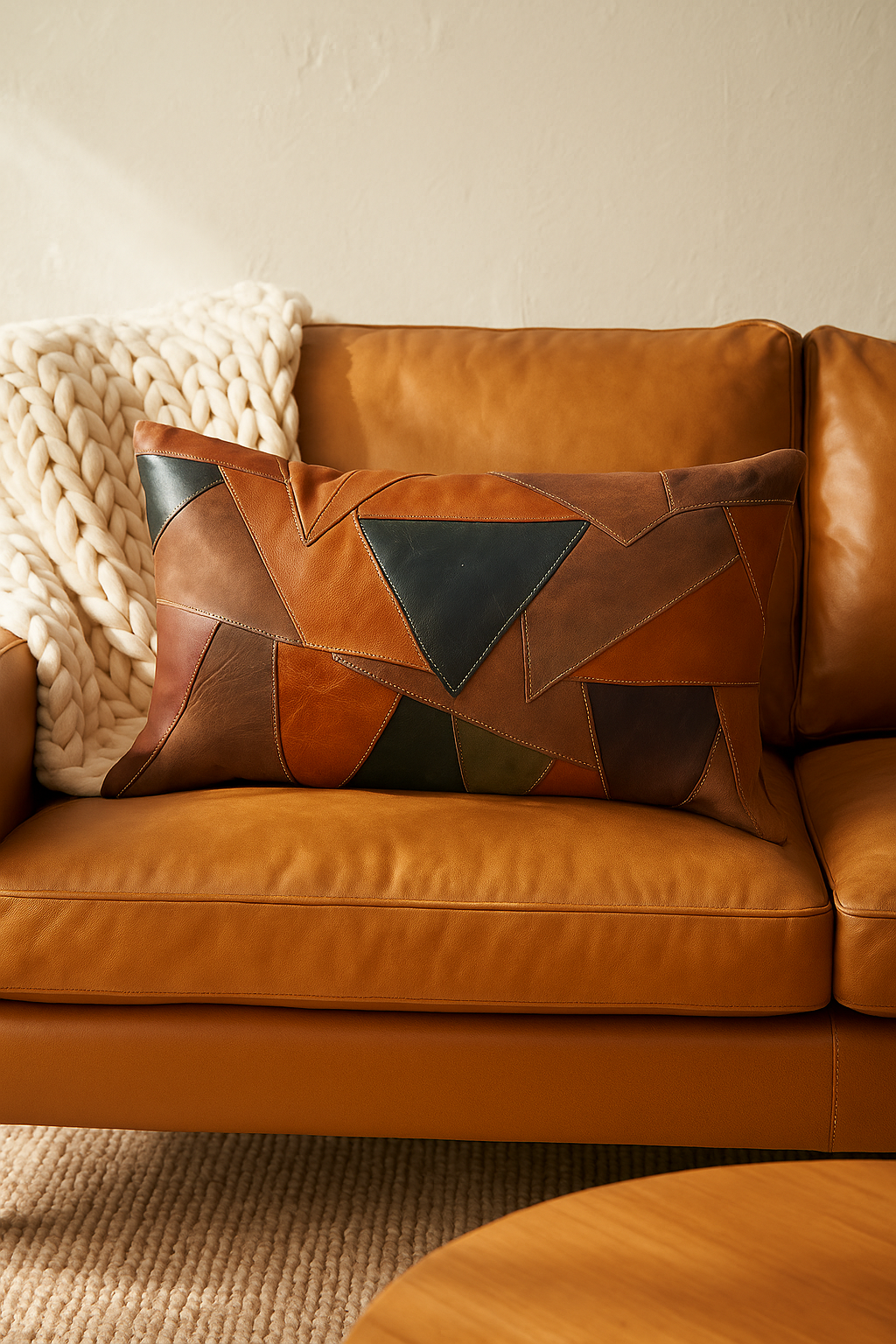 Rustic Modern Geometric Patchwork Leather Lumbar Cushion