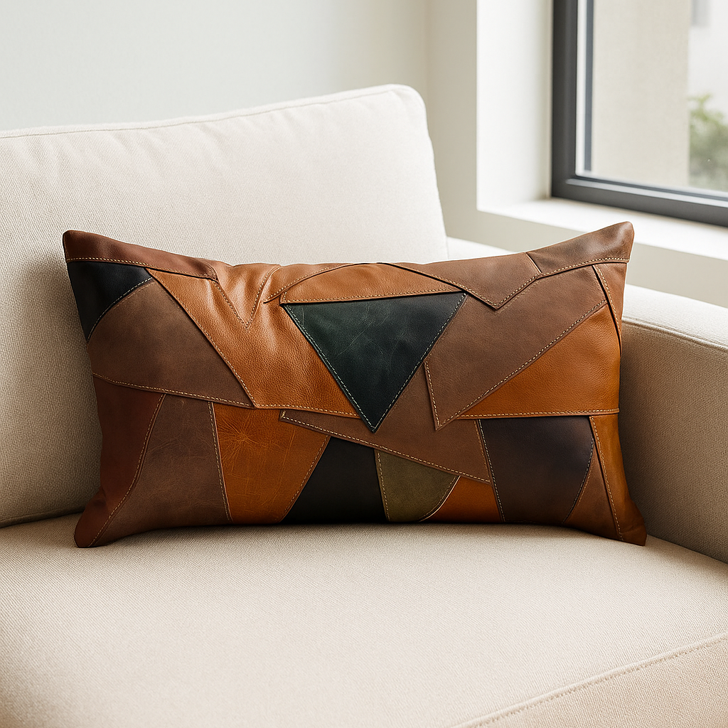 Rustic Modern Geometric Patchwork Leather Lumbar Cushion