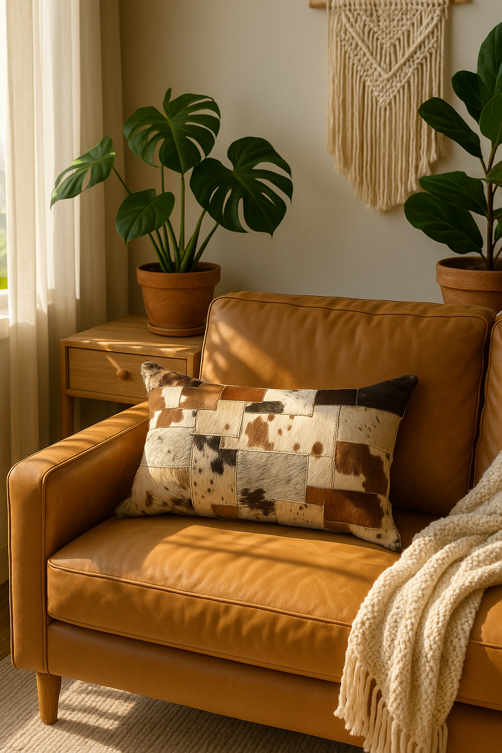 Rustic farmhouse style cowhide lumbar pillow - patchwork leather cushion for sofa or bed