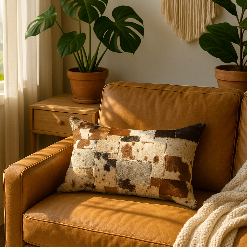 Rustic farmhouse style cowhide lumbar pillow - patchwork leather cushion for sofa or bed