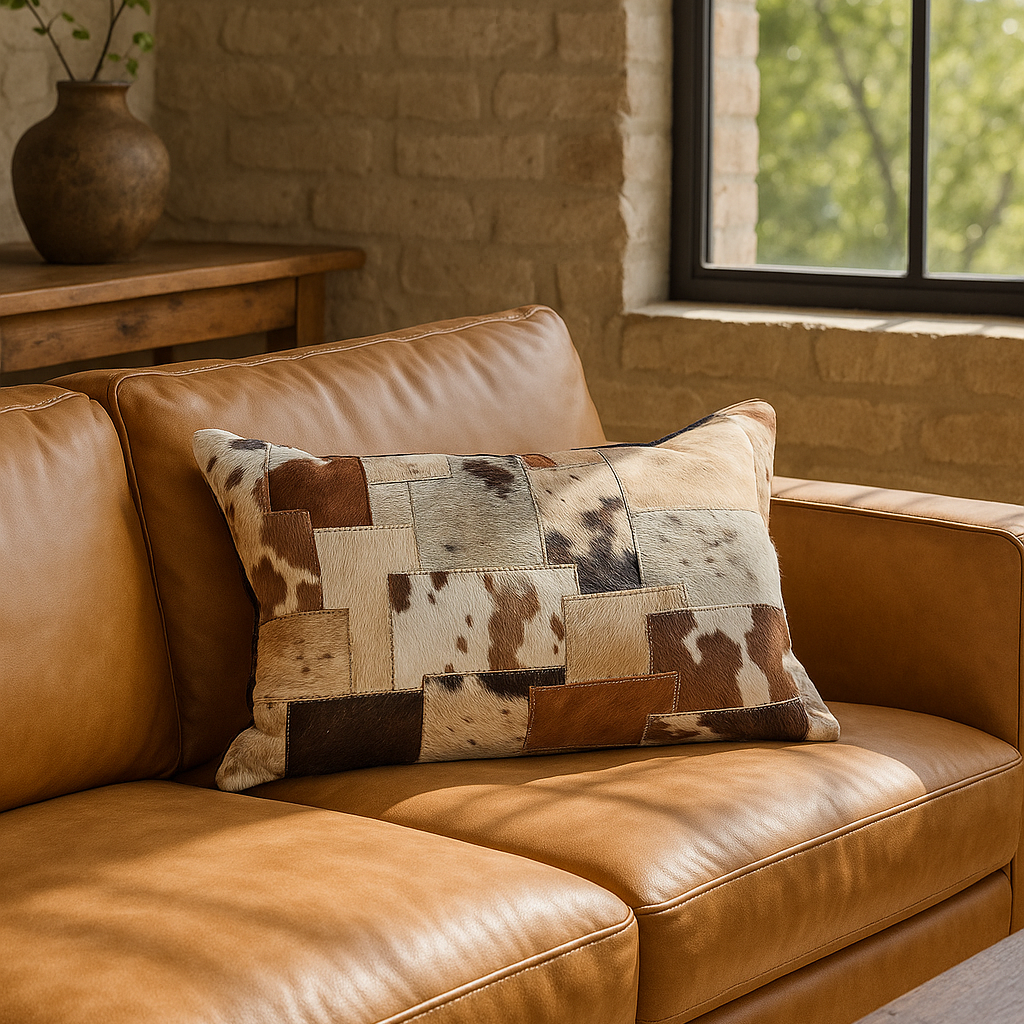 Close-up of Outback patchwork cowhide lumbar cushion showing leather texture and stitching