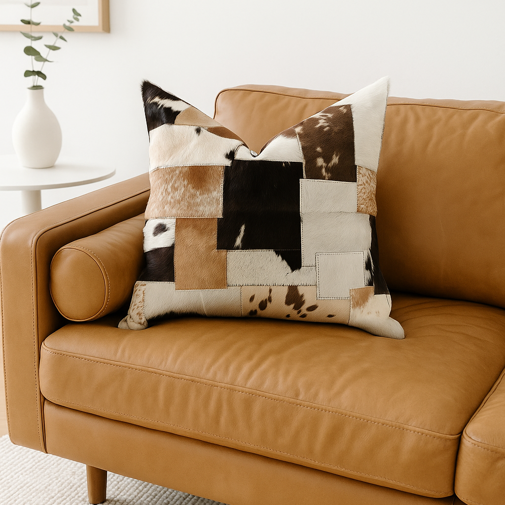 Rustic farmhouse style leather patchwork cushion - 60x60cm heritage pillow