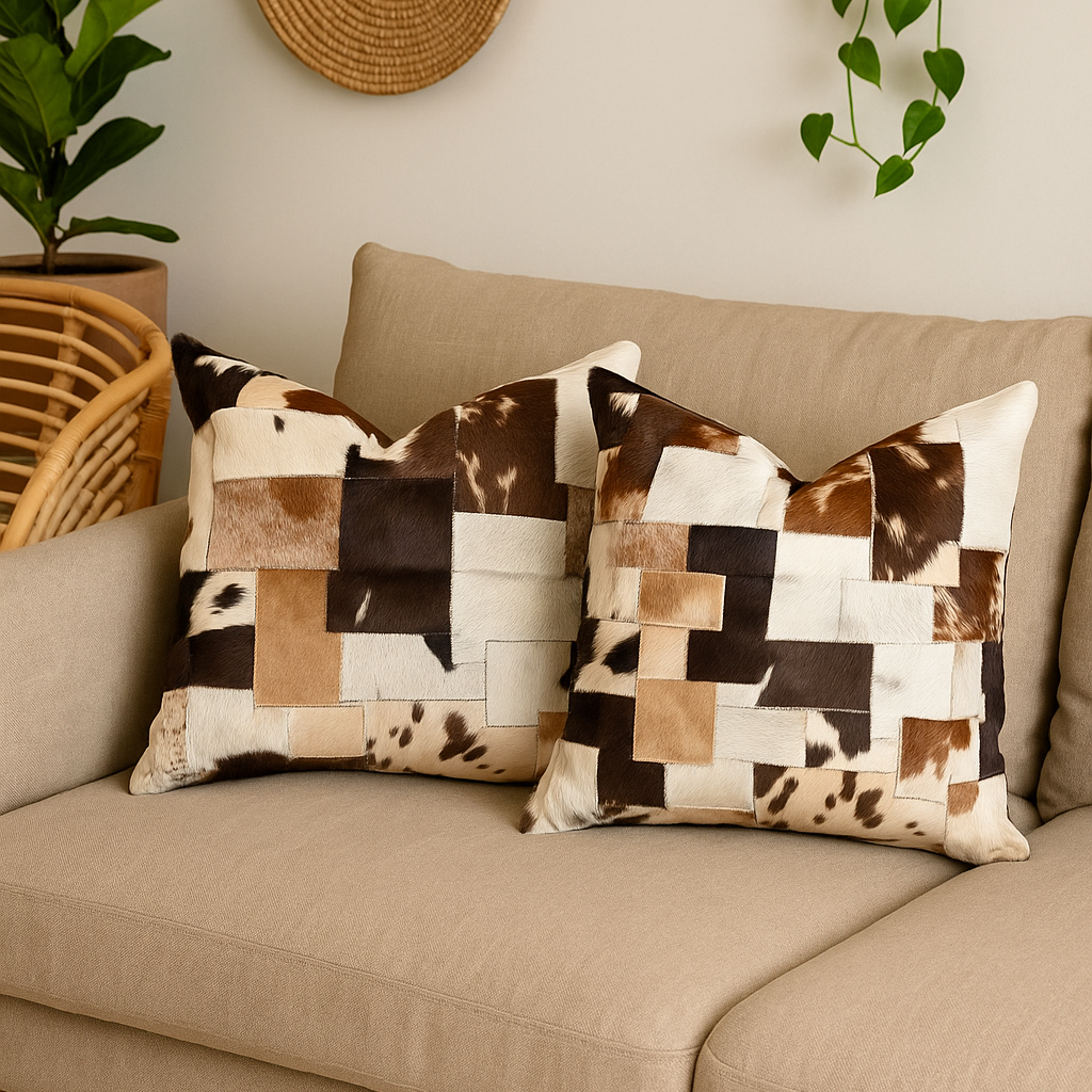 Close-up of Boho-Eclectica cowhide patchwork cushion showing leather texture and stitching