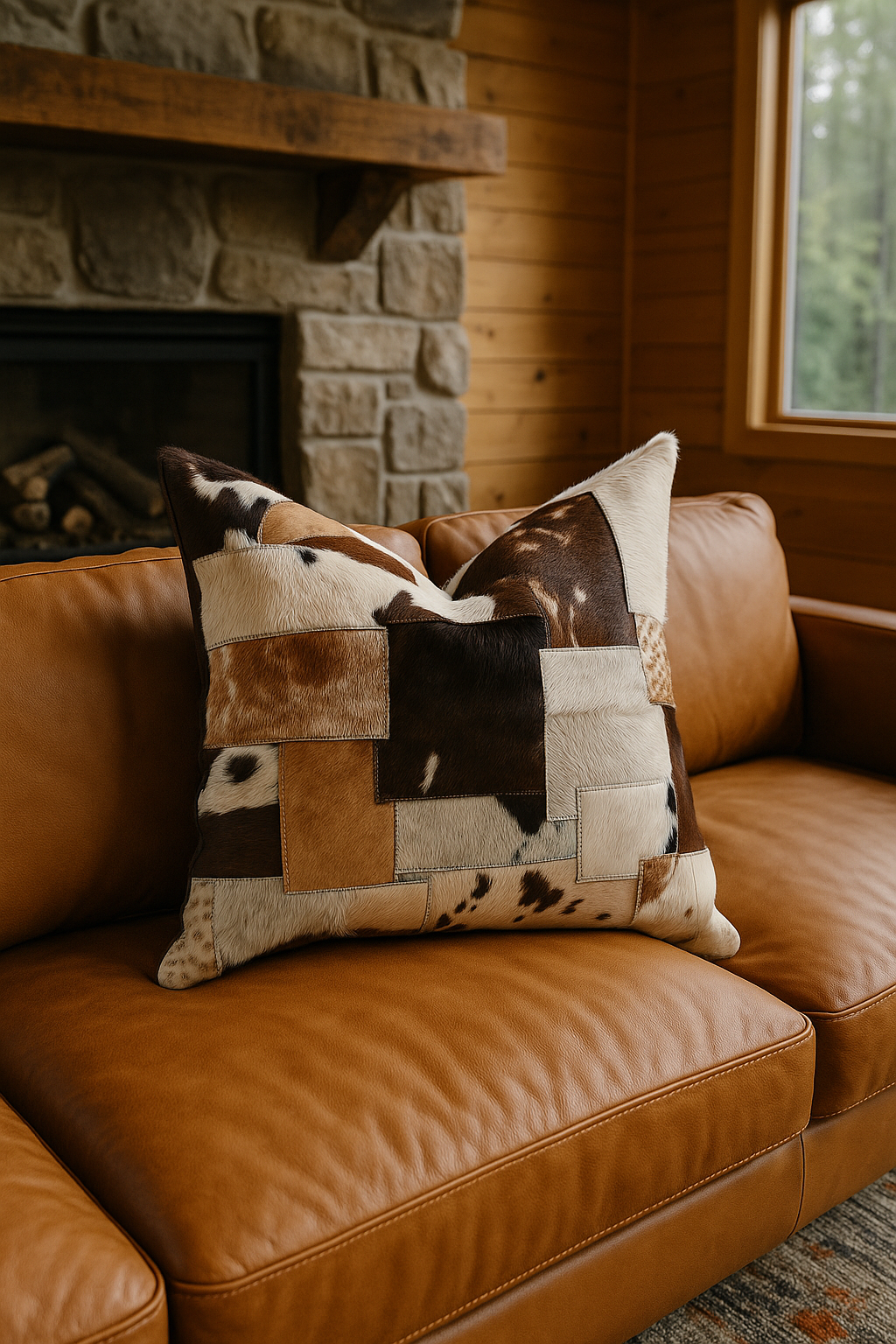 Boho-Eclectica heritage cowhide patchwork cushion cover - rustic leather accent pillow 60x60cm