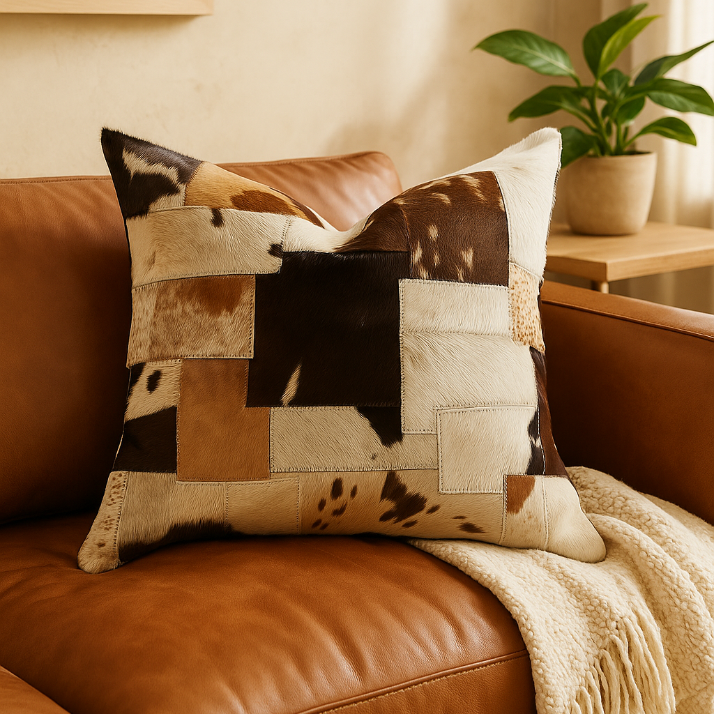 Heritage cowhide patchwork cushion styled on sofa - handmade rustic leather pillow
