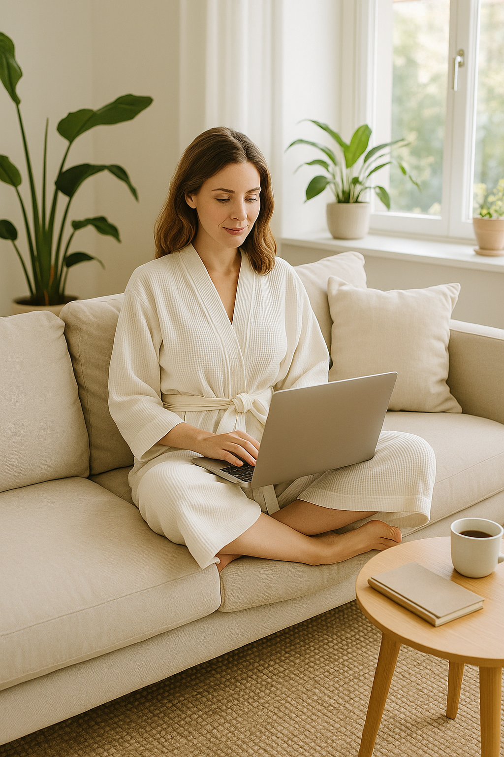 Boho-Eclectica white kimono robe styled on a model – comfortable loungewear for home or spa.