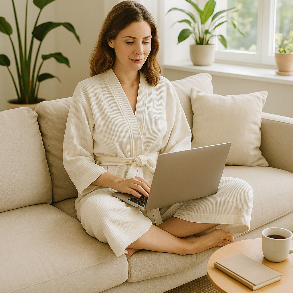 Boho-Eclectica white kimono robe styled on a model – comfortable loungewear for home or spa.