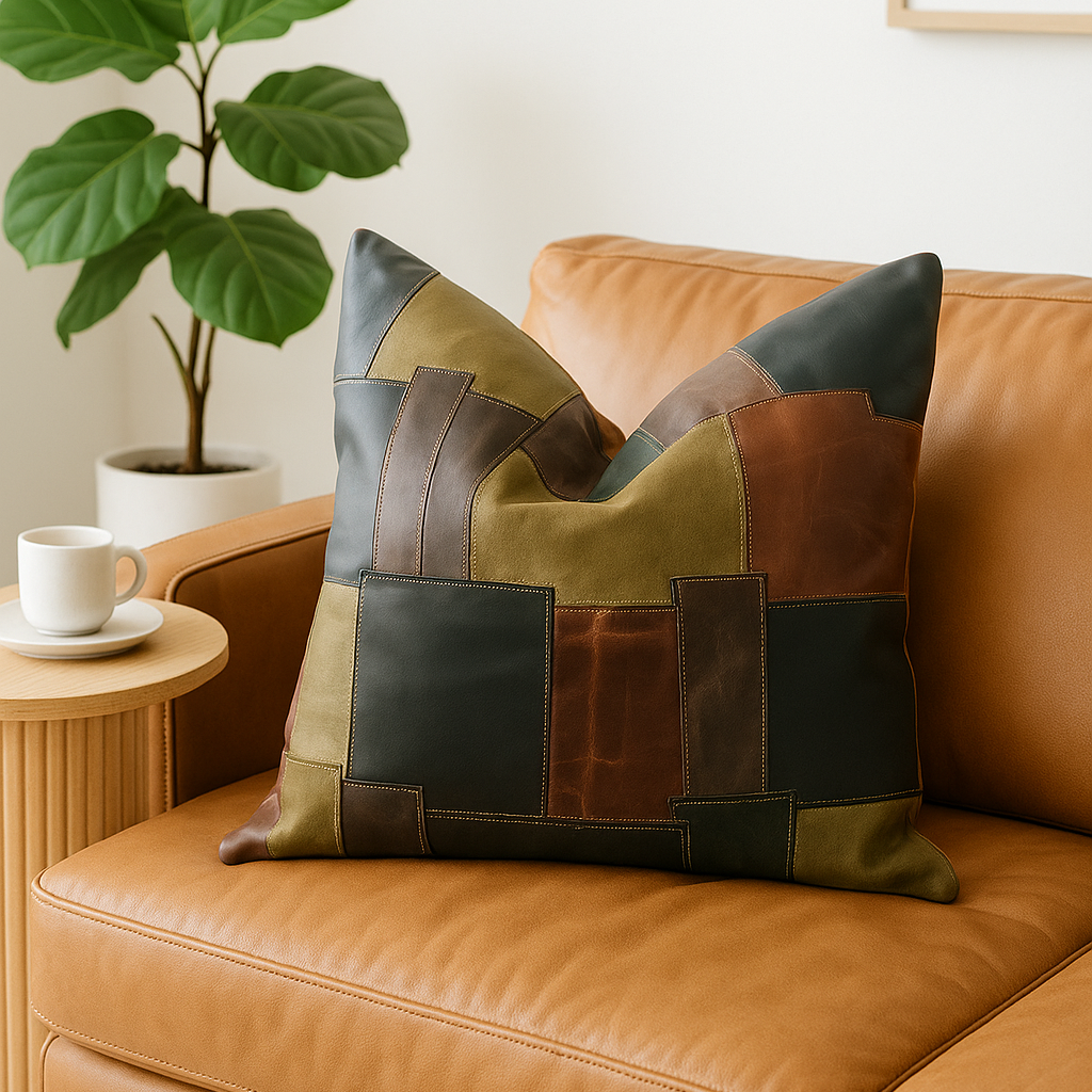 Artisan patchwork leather cushion cover featuring geometric square design - luxury boho décor piece