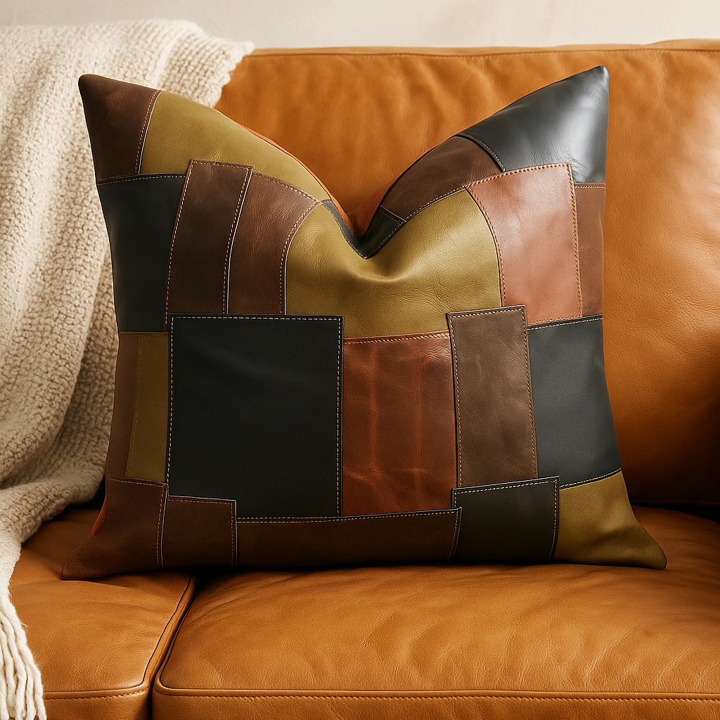 Boho Eclectica Life of Squares cushion cover - genuine leather patchwork pillow for modern interiors