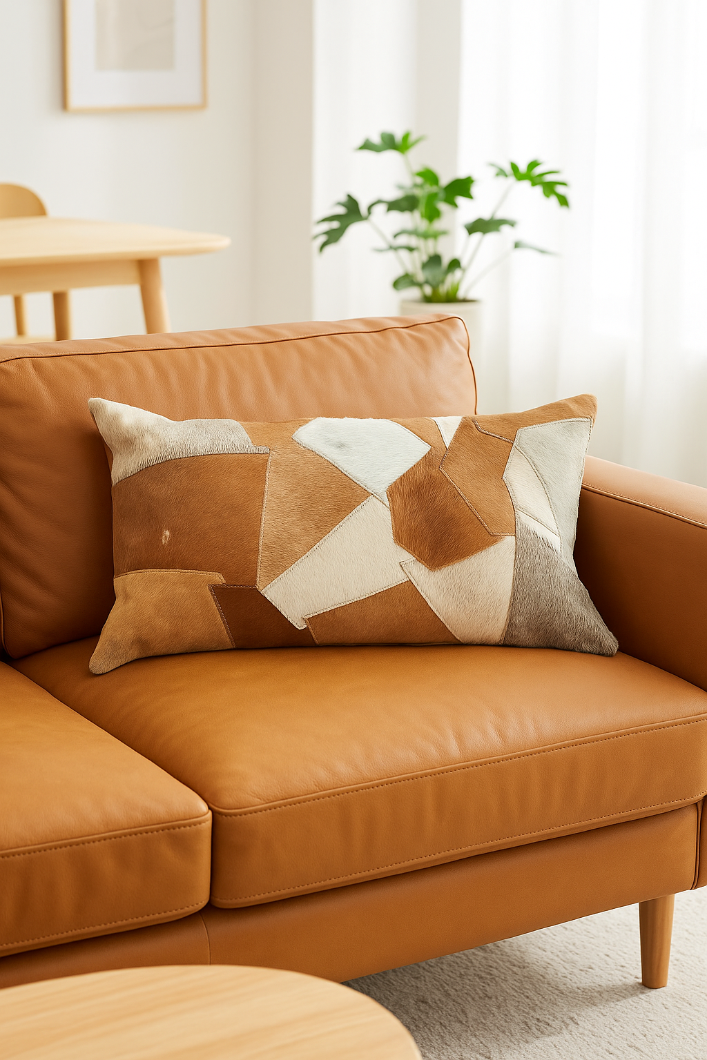 Close-up of the tactile, fuzzy texture of the natural cowhide leather, highlighting the durability and unique pattern of the cushion cover.