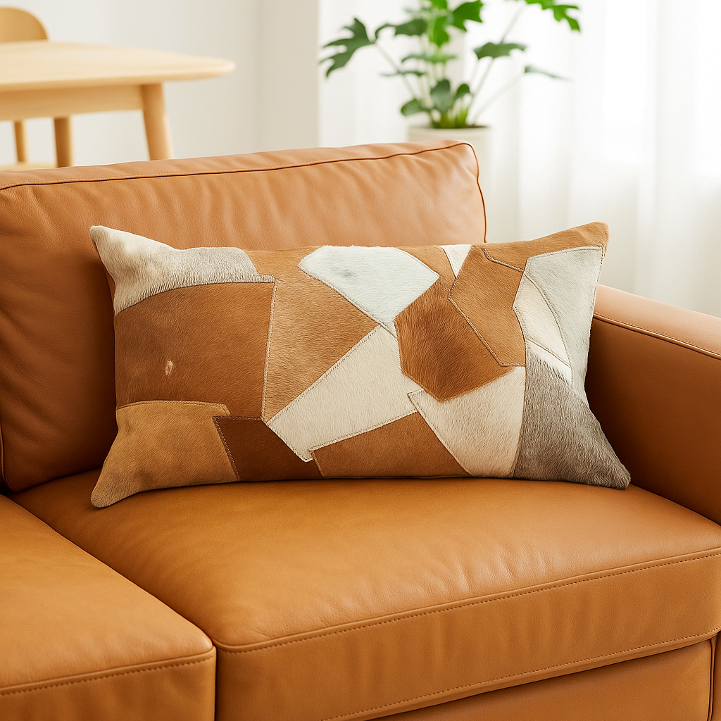 Close-up of the tactile, fuzzy texture of the natural cowhide leather, highlighting the durability and unique pattern of the cushion cover.
