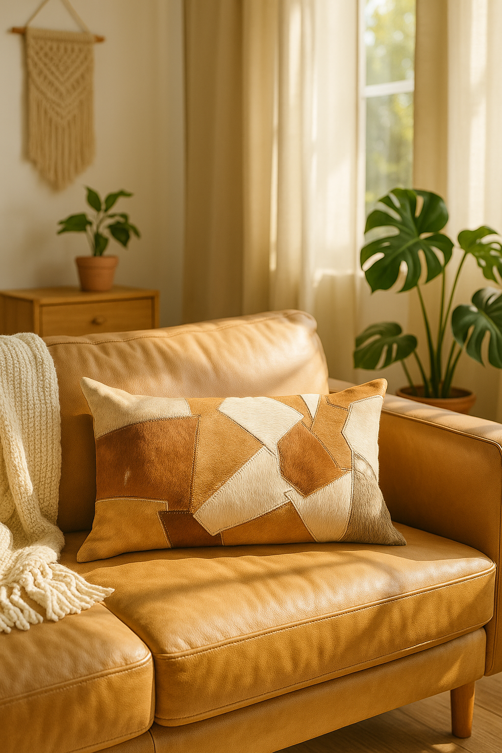 Soft, earthy-toned lumbar cushion cover made from ethically sourced cowhide, perfect for rustic or contemporary interior styling.