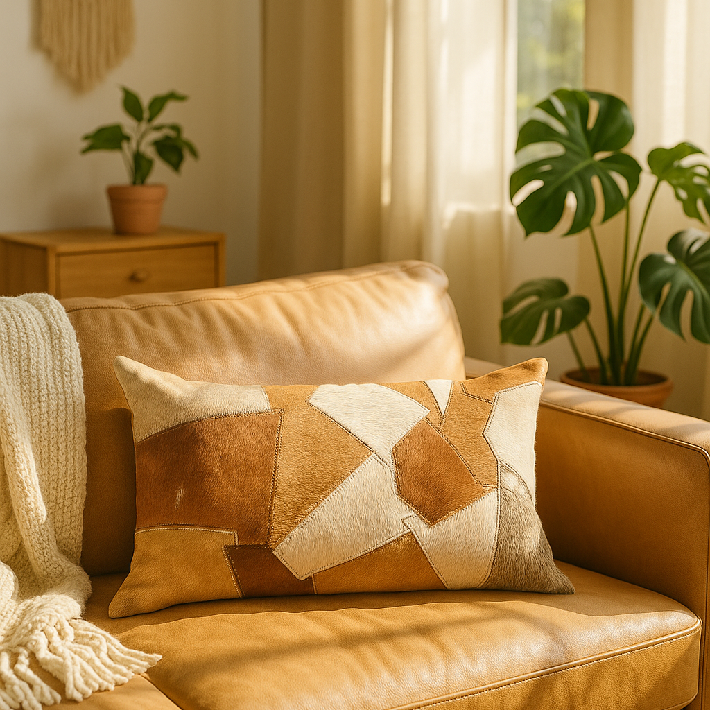 Soft, earthy-toned lumbar cushion cover made from ethically sourced cowhide, perfect for rustic or contemporary interior styling.