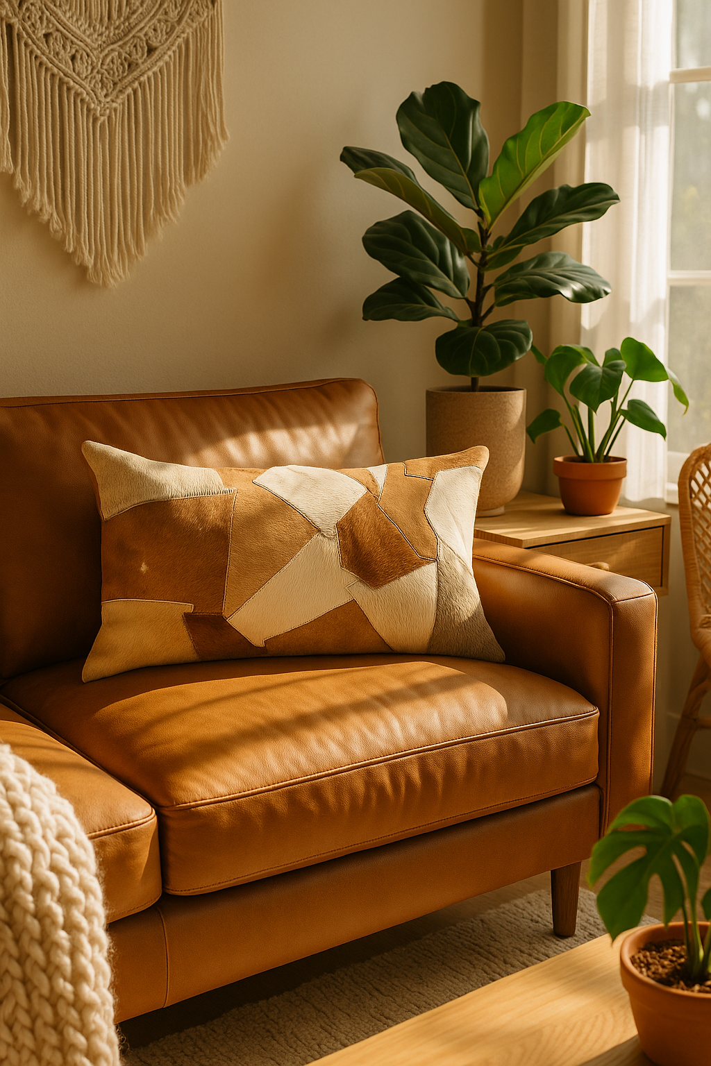 Modern farmhouse style decorative pillow, 30x50 cm, featuring a unique, hand-stitched patchwork of natural cowhide.
