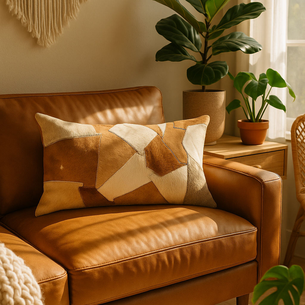 Modern farmhouse style decorative pillow, 30x50 cm, featuring a unique, hand-stitched patchwork of natural cowhide.
