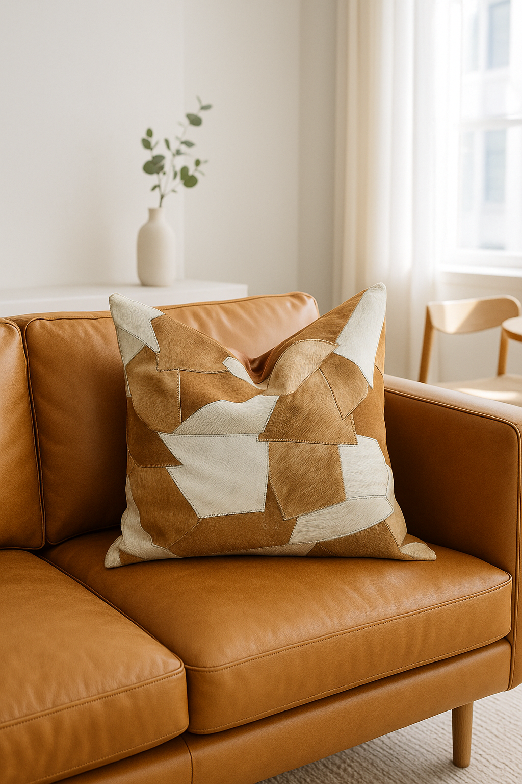 Luxury Sahara collection cowhide cushion cover featuring stitched tan and ivory panels - Boho-Eclectica