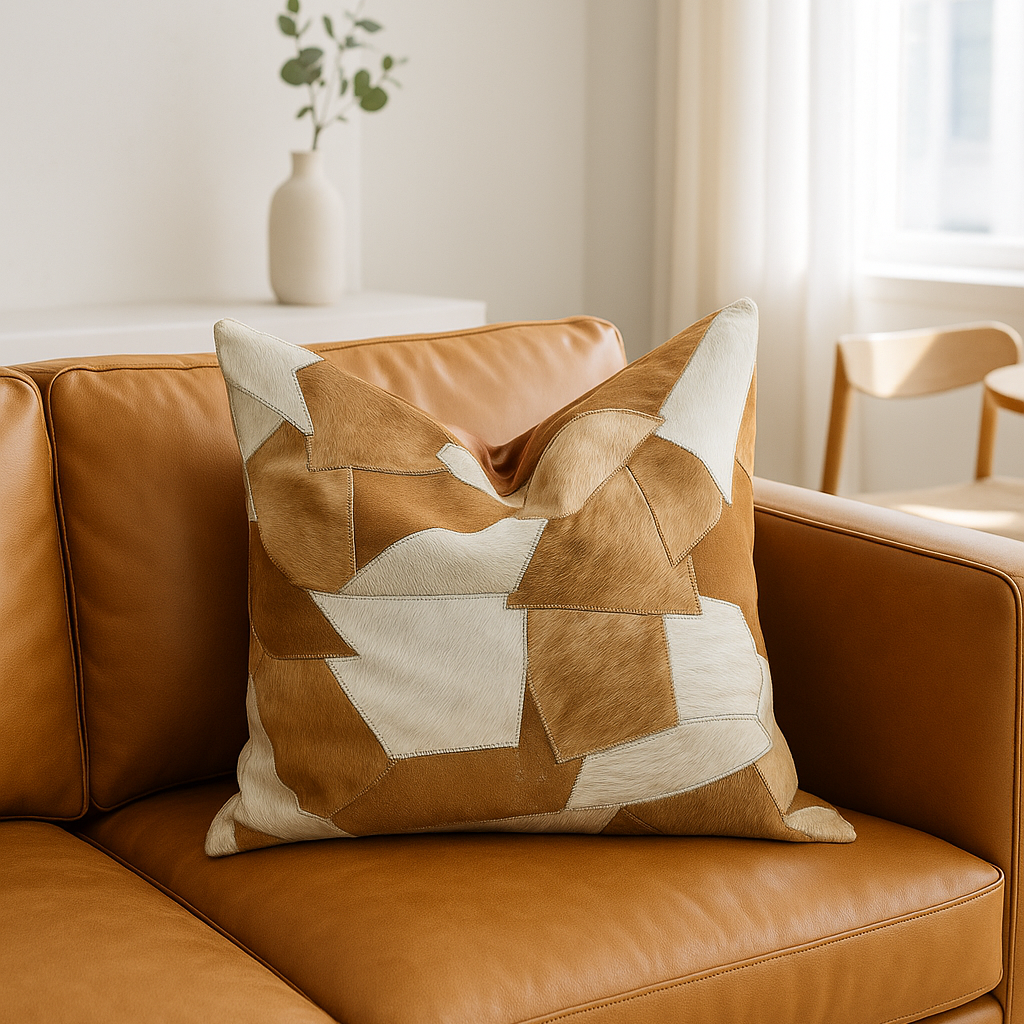 Luxury Sahara collection cowhide cushion cover featuring stitched tan and ivory panels - Boho-Eclectica
