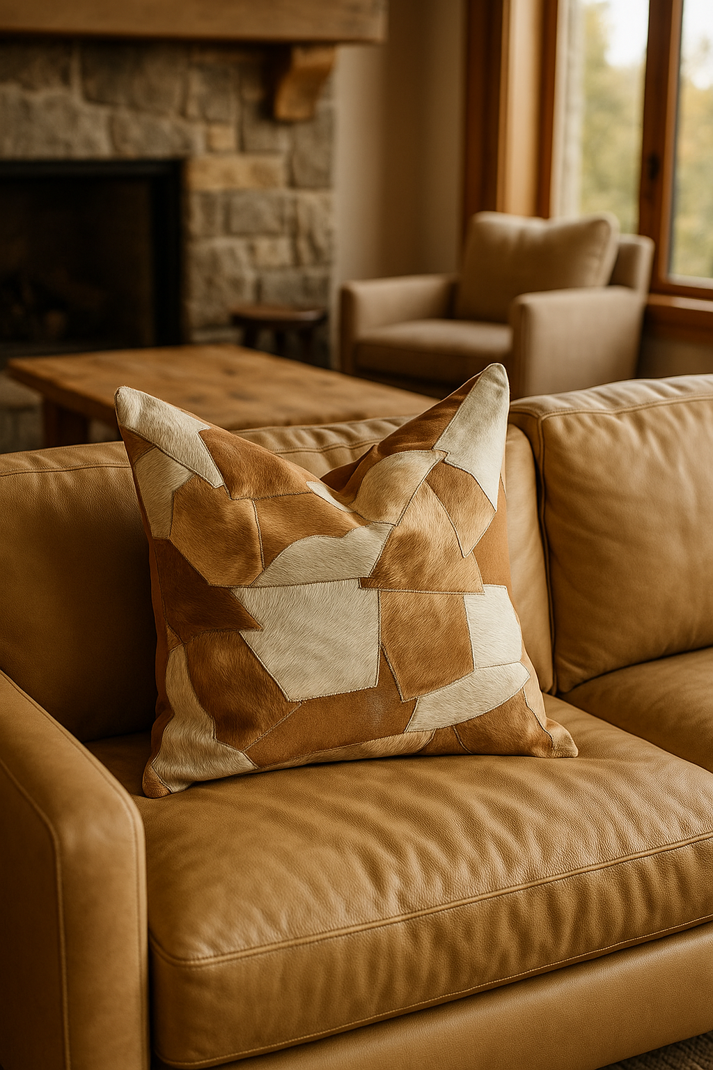 Rustic patchwork leather cowhide pillow in warm earthy tones - handmade 60x60cm decor accent