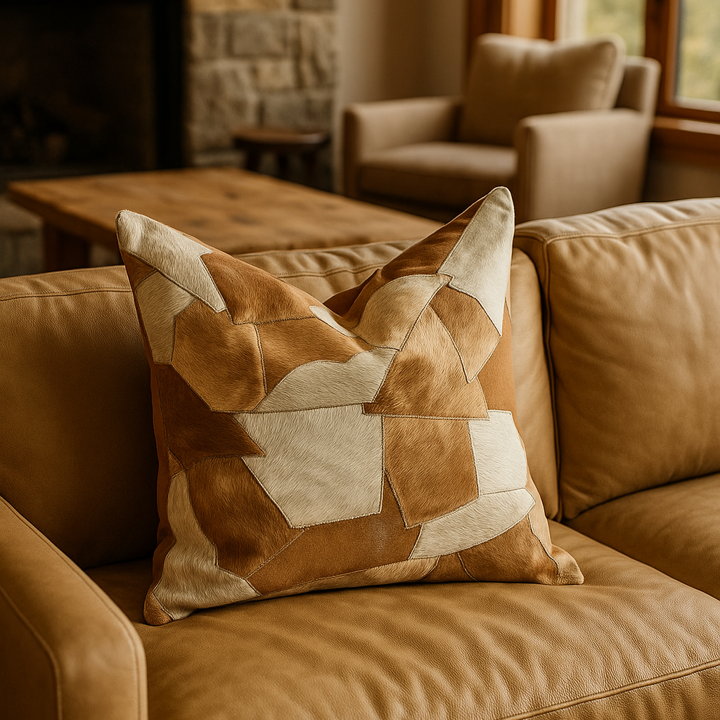 Rustic patchwork leather cowhide pillow in warm earthy tones - handmade 60x60cm decor accent
